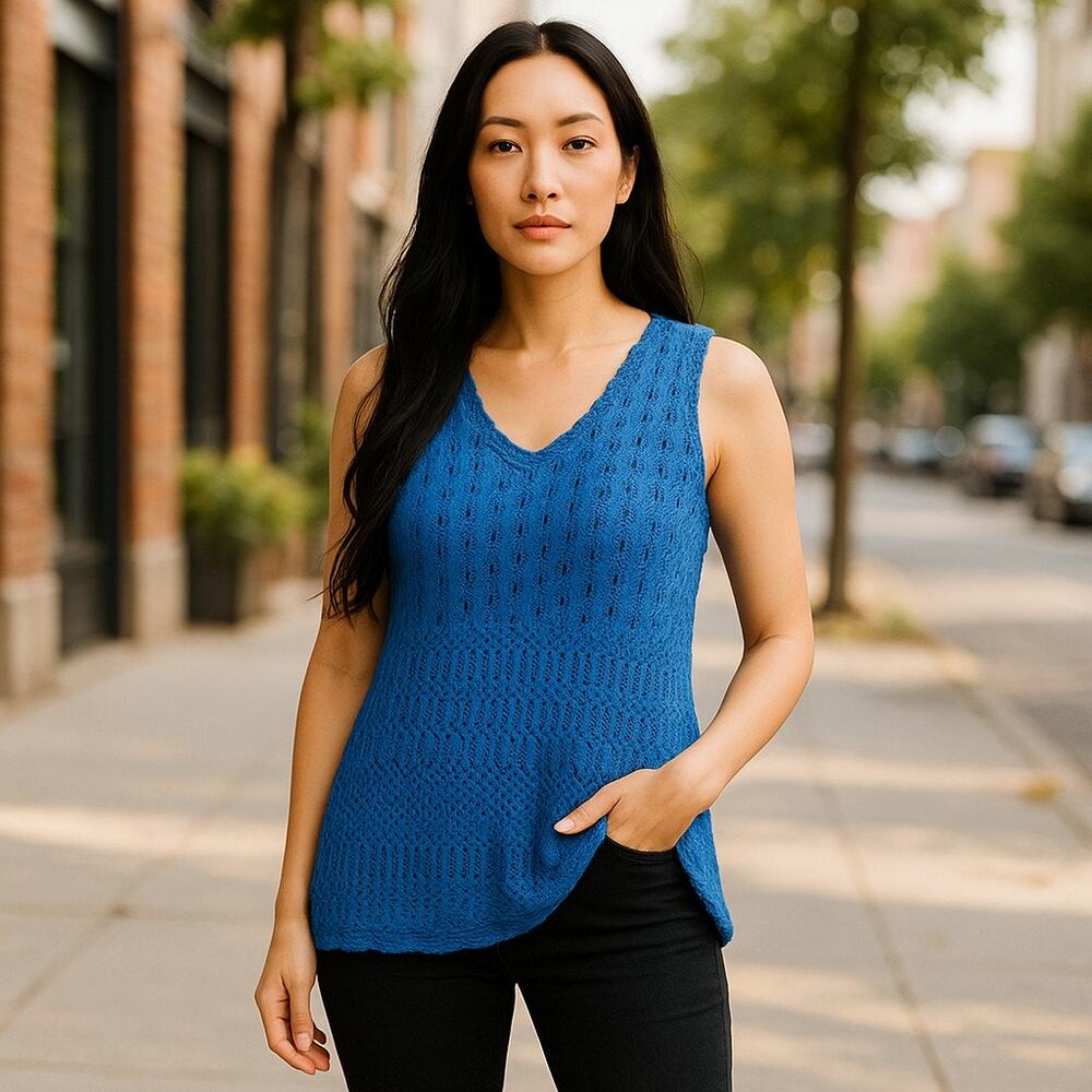 Vintage Y2K 2000s Axcess Blue Crochet Knit Tank Top Lined Boho Cottage Small
